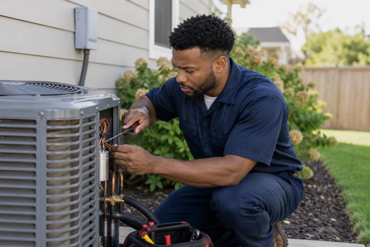 Air conditioning service at a residential outdoor condenser