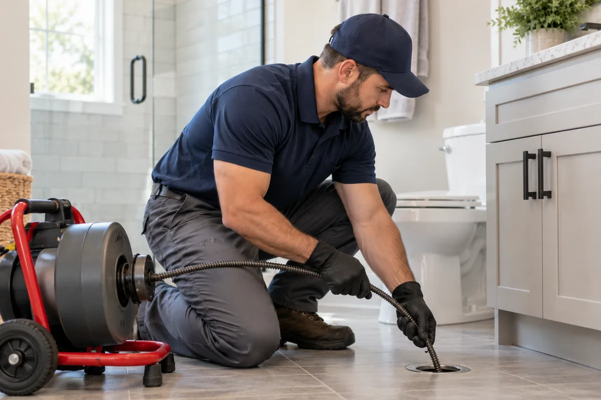 Plumber using professional drain-cleaning equipment in a residential bathroom