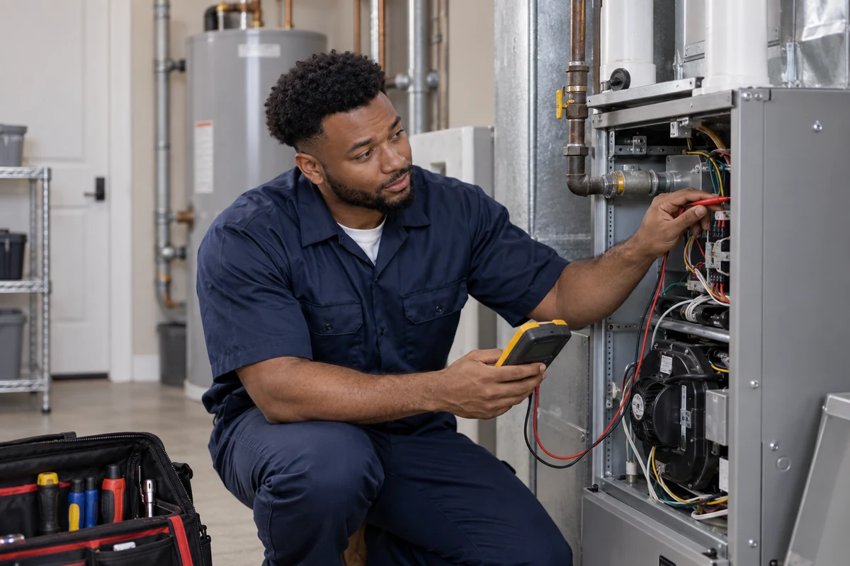 HVAC technician inspecting indoor heating and cooling equipment
