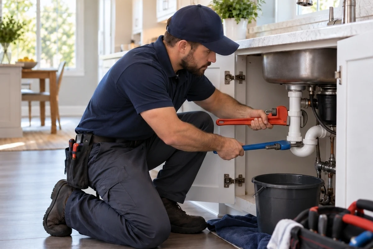 Plumber repairing an active leak beneath a residential kitchen sink