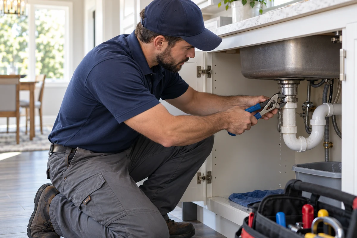 Plumber repairing a leaking pipe beneath a residential sink